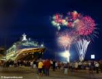ID 1390 DISNEY WONDER (1999/83308grt/IMO 9126819). Fireworks provide a spectacular grand finale to the ships official naming ceremony in Southampton, England.